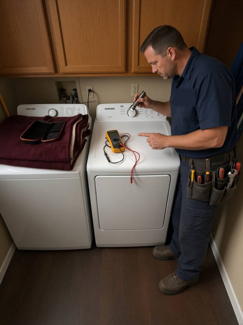 Technician testing a top-load dryer with a multimeter in a Kitsap County laundry room