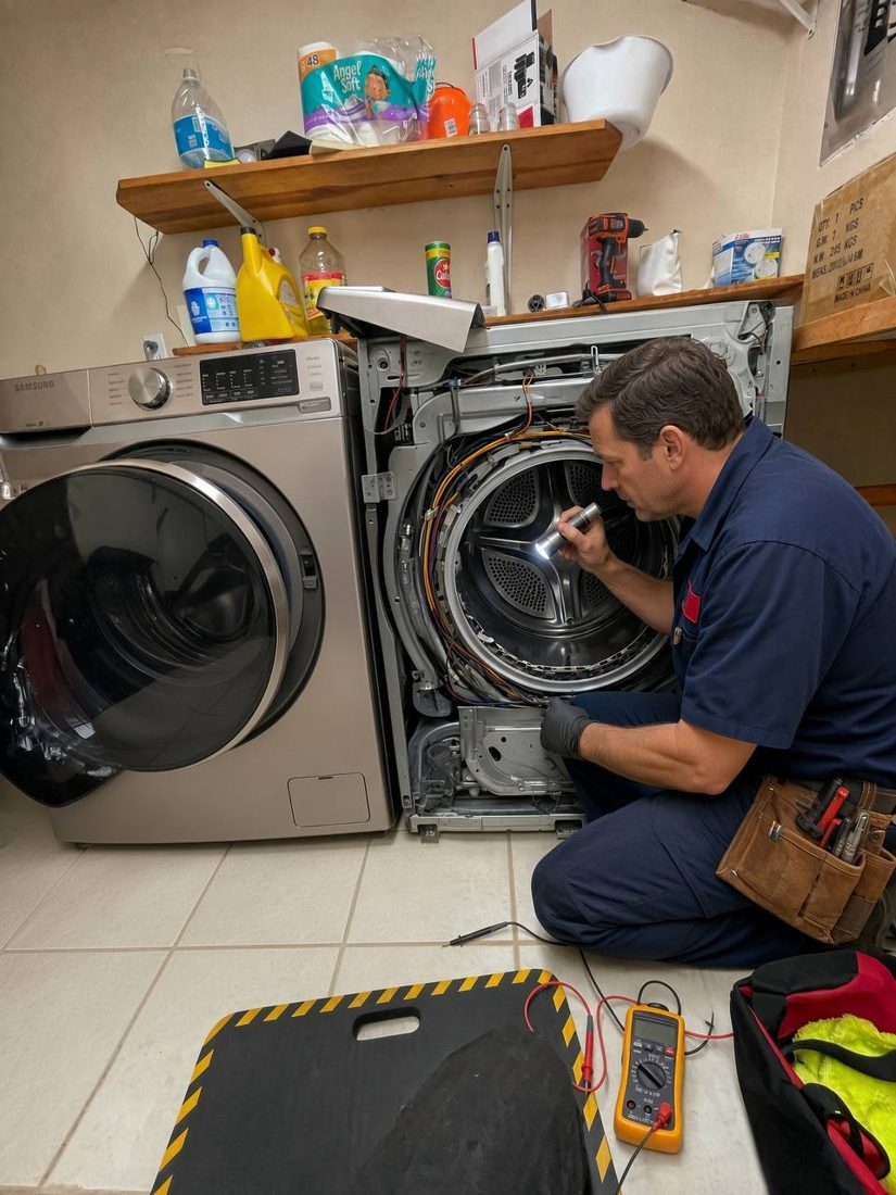 Bedrock Appliance technician inspecting an open front-load washer drum during a diagnostic in Poulsbo, WA